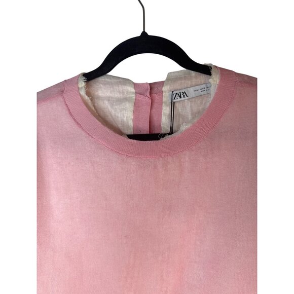 NWT ZARA Pink Medium Short Sleeve Linen Blend Dainty, Whimsical Top - Picture 6 of 16